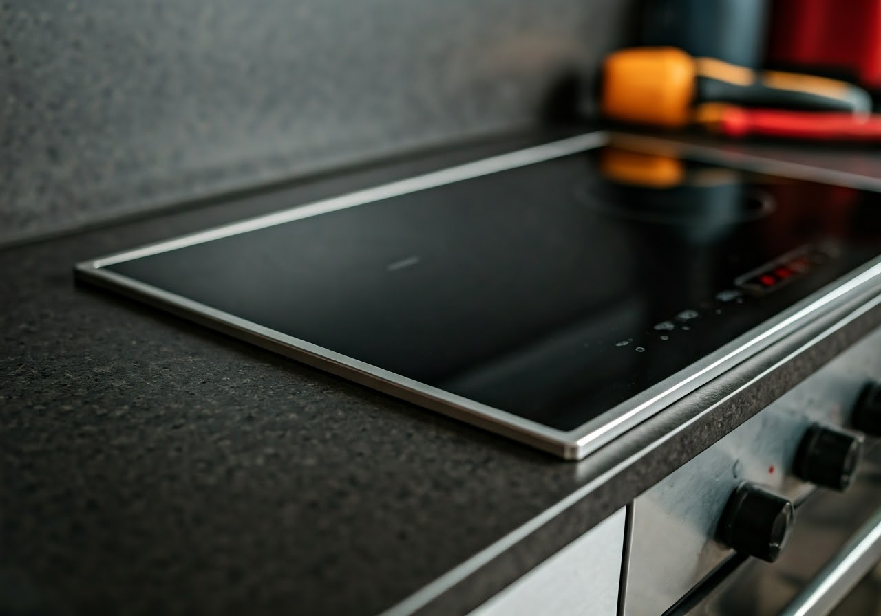 Person inspecting electric cooktop